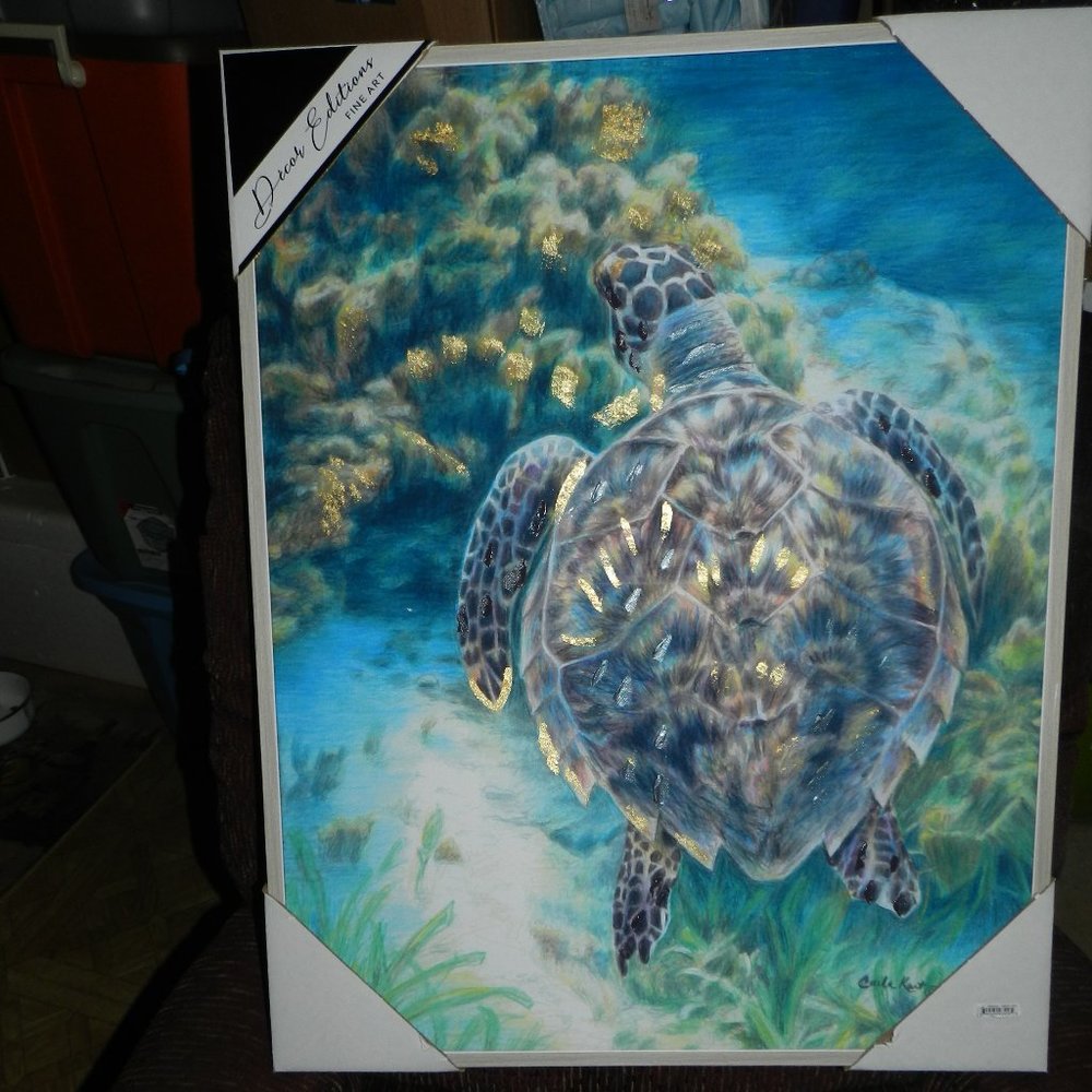 Carla Kurt "Into The Deep Ocean Sea Turtle" Wood Framed Painting Wall Art NWT - Picture 8 of 11